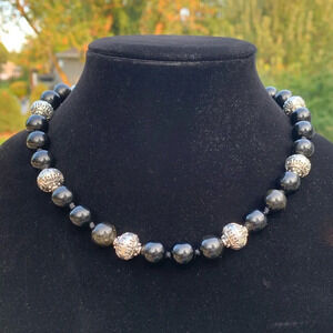 Handmade Golden Sheen Obsidian and Bali Beaded Hand Knotted Necklace